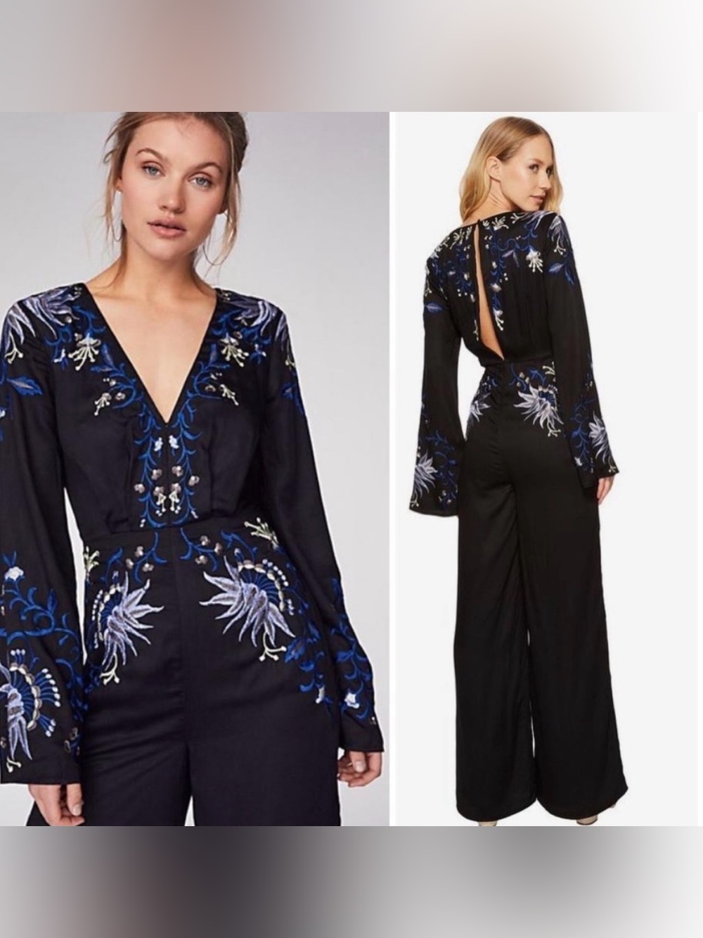 Free People Gypsy Rose Jumpsuit XS 0 Black Floral Embroidered Boho